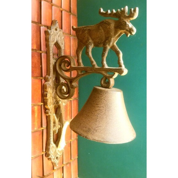 Vintage Cast Iron Moose Hanging Dinner Bell Wall Mounted 12"x6.5" 5" Diameter - Picture 1 of 7